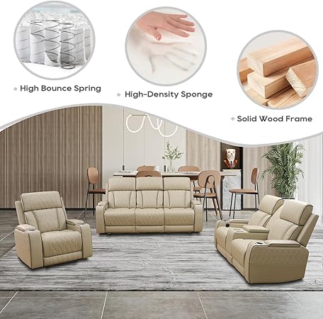 Breathing Leather Power Recliner Sofa Set with LED